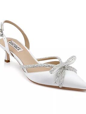 BRIDAL SHOES - Badgley Mischka White Crystal Bow Angelina Slingback Kitten Heels